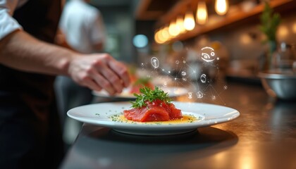 Chef garnishes plate of raw fish with parsley. Modern restaurant kitchen ambiance. Digital icons overlay dish, symbolizing culinary innovation, marketing strategies, and dining experience technology.