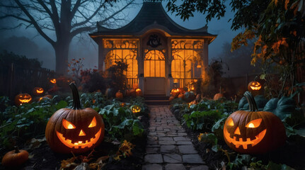  Halloween night garden scene with fog and glowing carved pumpkins, perfect for a spooky background.