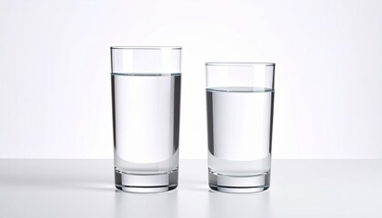 Two identical clear glasses of water on white background
