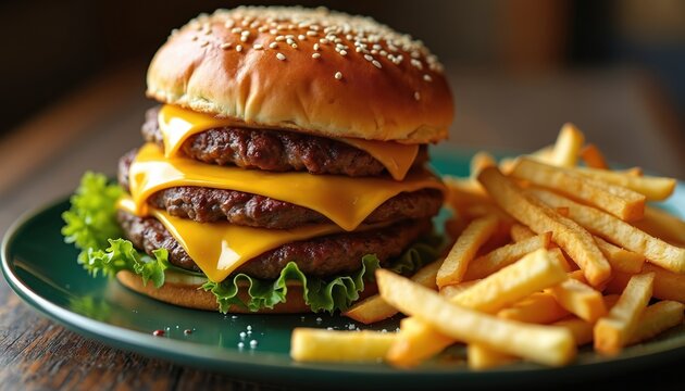 Juicy triple cheeseburger with lettuce, fries served on green plate. Savoury beef patties layered with melted cheddar cheese, fresh lettuce, sesame seed bun. Appetising fast food meal for lunch