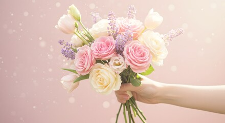 A hand holding a bouquet of pink and white roses and purple flowers against a pink background with bokeh