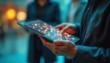 Team members in digital agency collaborate on content strategies using tablet. Screen displays data visualizations with glowing nodes, connecting lines, suggesting innovative planning, teamwork in