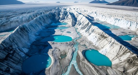 Aerial view of an Icefield Vista showcasing glacial meltwater pools and crevasses, a stunning landscape photography with cool blue and white tones.
