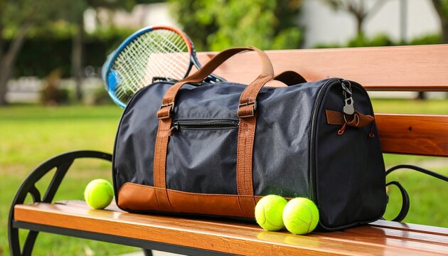 Black sports bag with brown straps, three yellow tennis balls, and blue‑white racket on wooden bench outdoors
