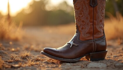 Polished cowboy boot with silver spur shines in sunlight. Brown leather boot features detailed stitching. Outdoor setting with blurred background conveys rugged, stylish western fashion.