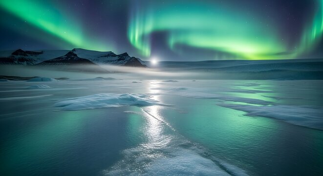 Night landscape photography of an Icefield Vista showcasing vibrant green and purple aurora borealis reflected in a frozen lake under a full moon, long exposure. - Powered by Adobe