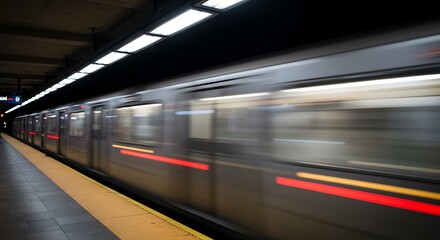 High-speed subway train in motion at a city station.