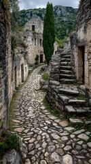 Fototapeta premium A winding stone path through a weathered village. Ancient stone buildings, a cypress tree, and steps flank the narrow street