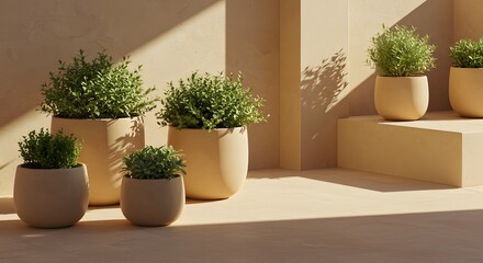 Fototapeta premium Assorted potted plants in varying sizes arranged on a beige surface with sunlight and shadows cast on them