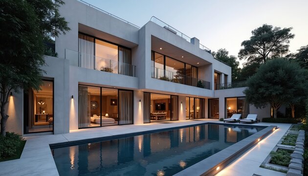 Modern luxury residence features clean lines, expansive glass windows, balconies overlooking serene pool. Beige exterior complements green landscaping. Offers elegant, high-end living with spacious
