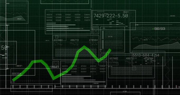 Green line graph starting lower left pausing tracing jagged rise through data panels showing trend