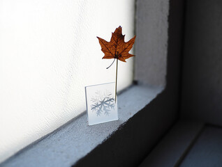 Dried maple leaf with snowflake decoration on windowsill