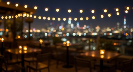 Obraz premium Blurred rooftop patio with city lights at night