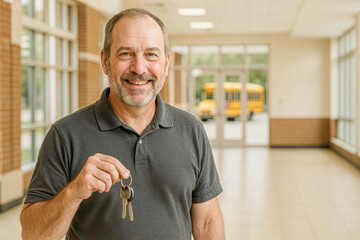 Smiling middle-aged male bus driver standing in a bright school hallway holding a set of keys, with a yellow school bus visible through the glass doors, representing transportation, safety