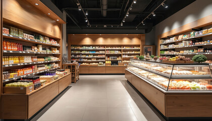 Fototapeta premium Modern grocery store interior organized wooden shelves stocked with goods, bright display cases filled with fresh products. Aisles clean, offering pleasant shopping experience. Featuring consumerism,