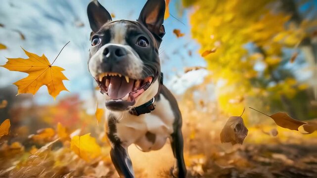 Boston terrier with excited expression surrounded by falling autumn leaves. Dog positioned close to camera with blurred forest background. Dynamic motion with leaves swirling.