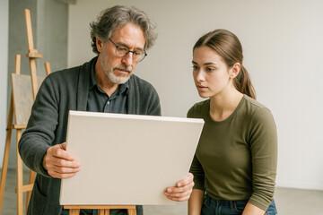 Art instructor and young female student examining a blank canvas together in a bright studio, standing beside wooden easels, representing artistic collaboration, creative learning, hands-on mentorship