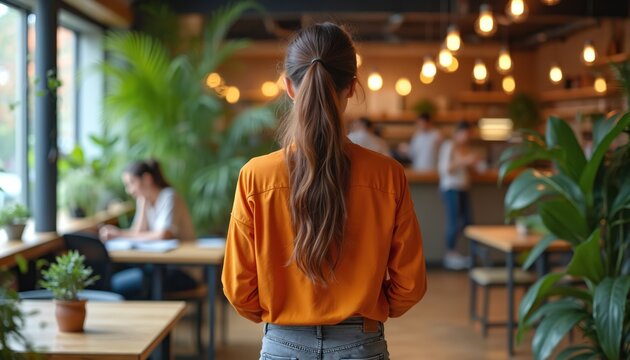 Young woman works in vibrant coworking space, uses laptop, smiles confidently. Business pro analyzes data, plans career. Collaboration atmosphere, teamwork, connection.