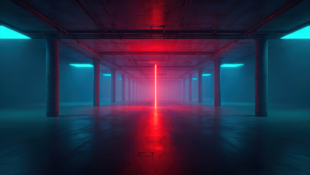 A mysterious, fog-filled corridor with industrial pillars is lit by vivid blue and red neon lights. A vertical red beam splits the center, creating a futuristic atmosphere.