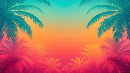 Vibrant Tropical Palm Trees Silhouette Against Gradient Sunset Sky Background beach