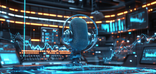 Futuristic microphone in high tech studio, surrounded by sound waves and digital displays, creates engaging atmosphere for podcasting. vibrant blue and orange lights enhance modern feel