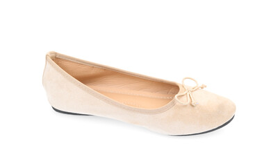 Beige flat shoe isolated on white background. Elegant ballet flats.	