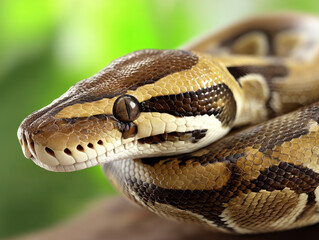 Fototapeta premium Close up of python showcasing its intricate scales and striking patterns, resting branch vibrant jungle setting. snake eyes reflect sense of calm and curiosity, blending beautifully with lush