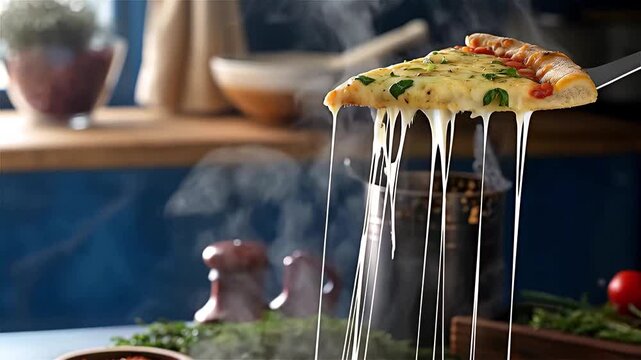 Mouthwatering pizza slice with stretchy cheese, fresh basil, and steam, perfect for food visuals