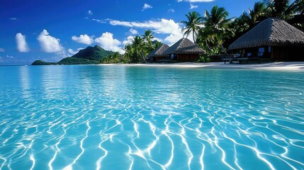 Obraz premium tropical beach with crystal-clear water, palm trees, and luxurious overwater bungalows.