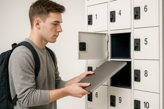 Focused student placing a laptop into a numbered charging locker bay at school, ensuring safe storage and charging of technology before classes in a modern academic environment.
