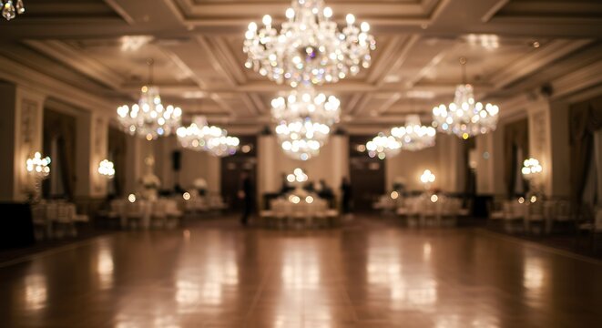 Elegant blurred ballroom with crystal chandelier light