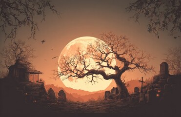 Spooky graveyard at sunset
