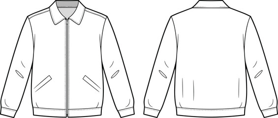 Cad drawing flat vector illustration, jacket front view, jacket back view, zip up jacket, technical fashion drawing, garment sketch, apparel design, menswear outerwear, coat template