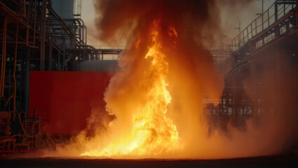 A massive fire erupts at an industrial facility, with bright flames and billowing smoke rising near large cylindrical tanks and heavy metal structures at dusk.