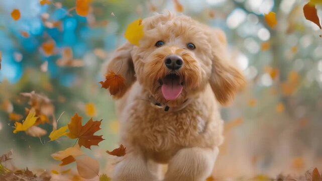 Cockapoo dog with open mouth surrounded by falling yellow maple leaves. Blurred forest background with bokeh effect. Wearing black collar. Panning camera motion.