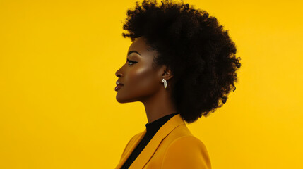 Confident woman with natural hair poses against vibrant yellow background