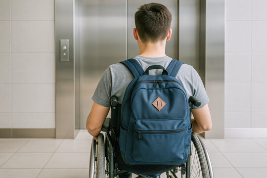 Inclusive education accessibility concept showing a student in a wheelchair waiting in front of an elevator in a bright modern school building, symbolizing equal access, independence