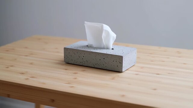 Gray concrete tissue box with white tissues on light wood surface