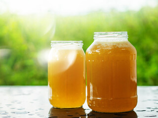 Two glass jars of golden bee honey are on a wet table, green grass field and sky in the background. Fine organic product concept. Agriculture and food industry. Light and airy mood and feel.