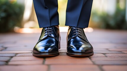 Polished dark blue leather shoes on a brick walkway.