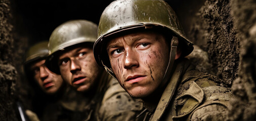 Fototapeta premium Soldiers in trench display intense expressions, showcasing harsh realities of war. Their helmets and muddy faces reflect struggles faced during combat