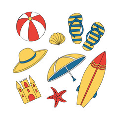 Collection of summer beach vacation icons including a surfboard, umbrella, hat, ball, starfish, seashell, flipflops, and sandcastle, isolated on white background