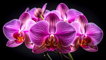 A close-up photo of vibrant pink and purple orchid flowers, with delicate patterns and a black background

