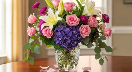 Floral Arrangement with Roses, Lilies, and Hydrangeas in Crystal Vase on Wooden Table