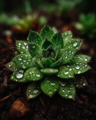 Closeup macro view of a green succulent plant covered in fresh water droplets after rain, highlighting its intricate texture and natural beauty