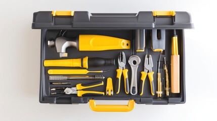 Organized toolbox with essential maintenance items, symmetrical arrangement. Efficiency and precision in every detail.