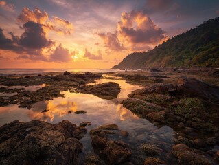 A rocky beach with a sunset reflecting the sky