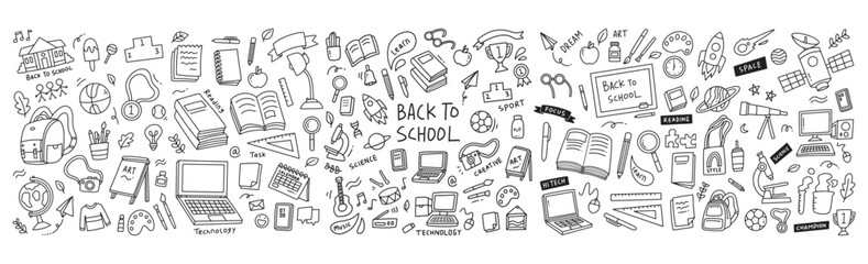 Hand drawn illustration of school supplies and elements. Doodle of back to school