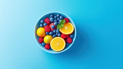 Obraz premium Vibrant Food Photography A colorful fruit bowl overflowing with fresh berries, citrus fruits, and grapes, top down view, bright lighting.