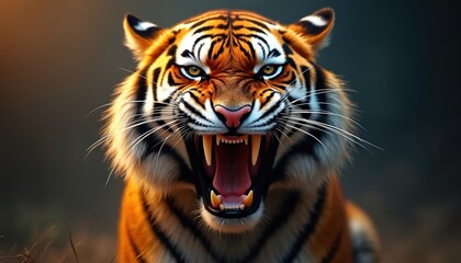 Obraz premium Fierce tiger face, mouth wide open, showing sharp teeth, intense aggression. Roaring predator displays power, strength in its natural jungle habitat. Wild carnivore, dangerous, intimidating presence.